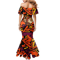Custom Turkey Bowling Family Matching Mermaid Dress and Hawaiian Shirt with Cartoon Turkey Striker and Orange Geometric Pattern - Wonder Print Shop