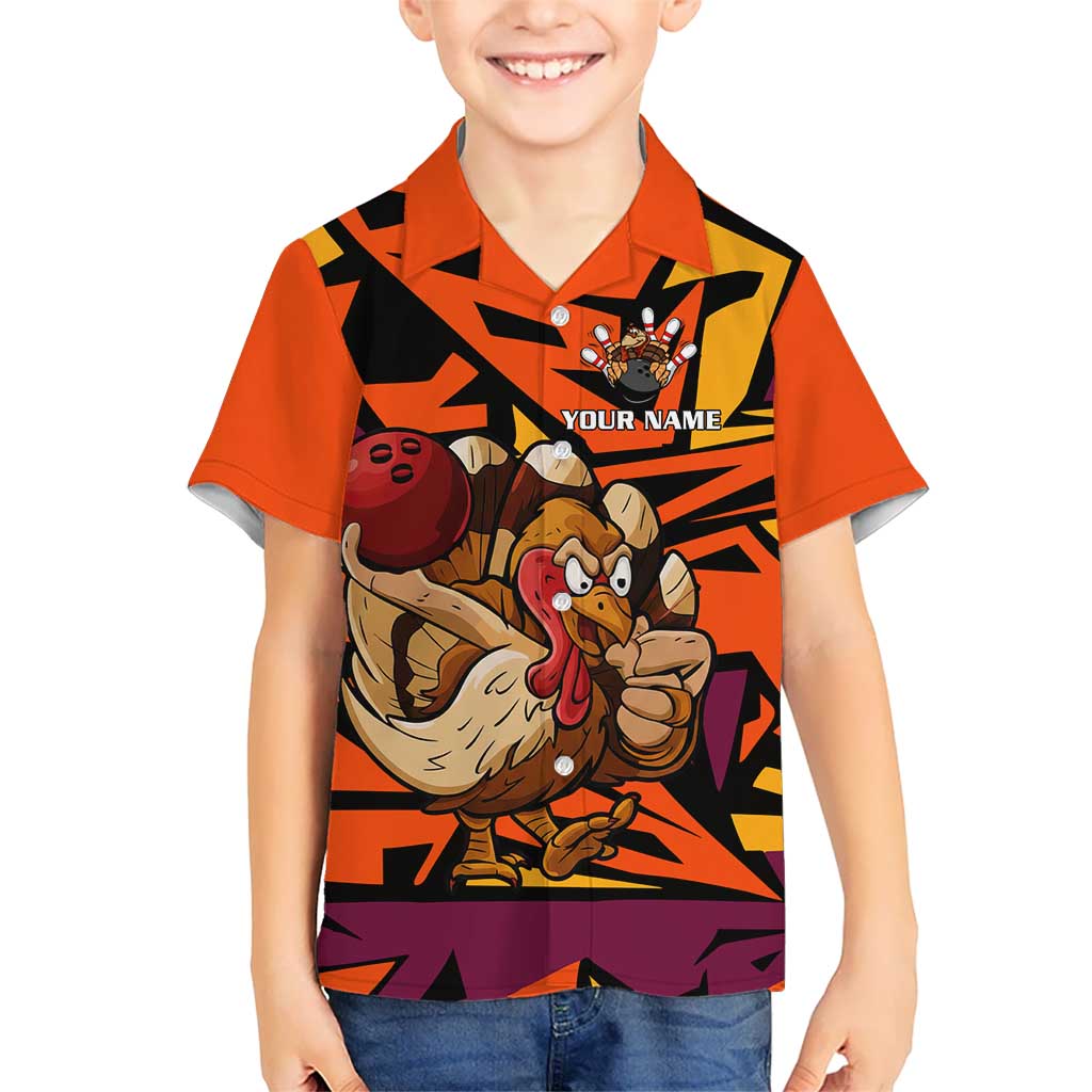 Custom Turkey Bowling Family Matching Mermaid Dress and Hawaiian Shirt with Cartoon Turkey Striker and Orange Geometric Pattern - Wonder Print Shop