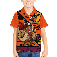 Custom Turkey Bowling Family Matching Mermaid Dress and Hawaiian Shirt with Cartoon Turkey Striker and Orange Geometric Pattern - Wonder Print Shop