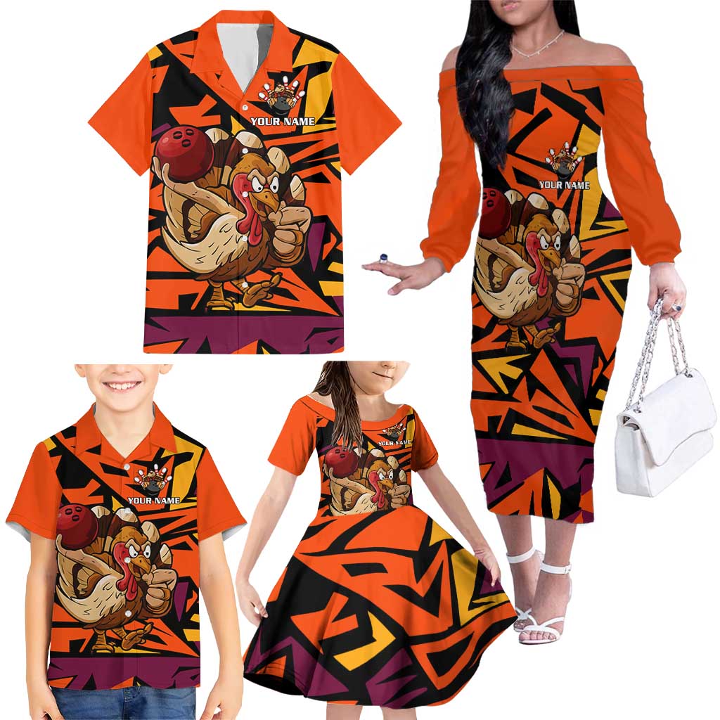 Custom Turkey Bowling Family Matching Off The Shoulder Long Sleeve Dress and Hawaiian Shirt with Cartoon Turkey Striker and Orange Geometric Pattern - Wonder Print Shop