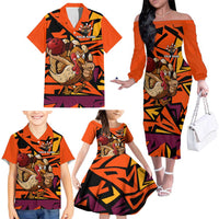 Custom Turkey Bowling Family Matching Off The Shoulder Long Sleeve Dress and Hawaiian Shirt with Cartoon Turkey Striker and Orange Geometric Pattern - Wonder Print Shop
