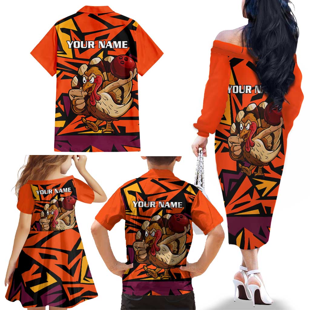Custom Turkey Bowling Family Matching Off The Shoulder Long Sleeve Dress and Hawaiian Shirt with Cartoon Turkey Striker and Orange Geometric Pattern - Wonder Print Shop