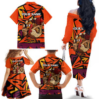 Custom Turkey Bowling Family Matching Off The Shoulder Long Sleeve Dress and Hawaiian Shirt with Cartoon Turkey Striker and Orange Geometric Pattern - Wonder Print Shop