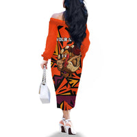 Custom Turkey Bowling Family Matching Off The Shoulder Long Sleeve Dress and Hawaiian Shirt with Cartoon Turkey Striker and Orange Geometric Pattern - Wonder Print Shop