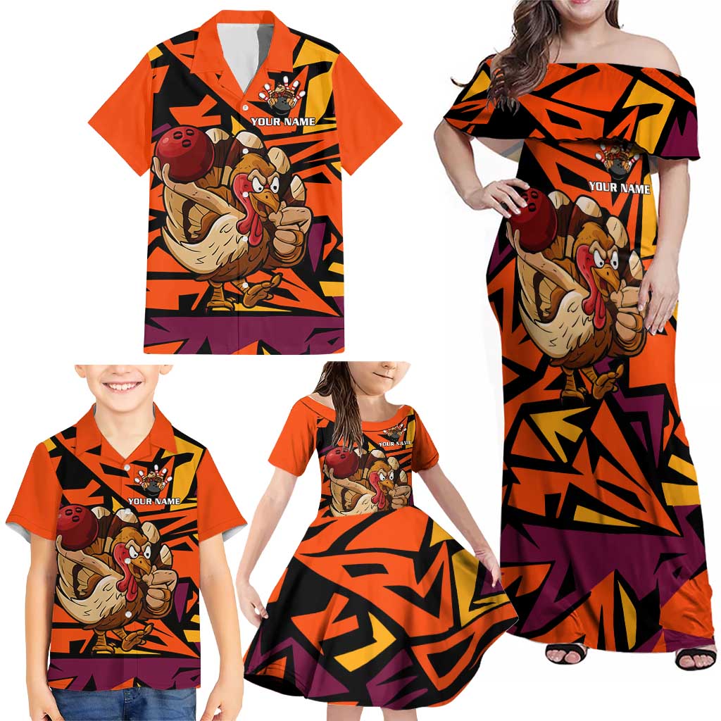 Custom Turkey Bowling Family Matching Off Shoulder Maxi Dress and Hawaiian Shirt with Cartoon Turkey Striker and Orange Geometric Pattern - Wonder Print Shop