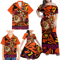 Custom Turkey Bowling Family Matching Off Shoulder Maxi Dress and Hawaiian Shirt with Cartoon Turkey Striker and Orange Geometric Pattern - Wonder Print Shop