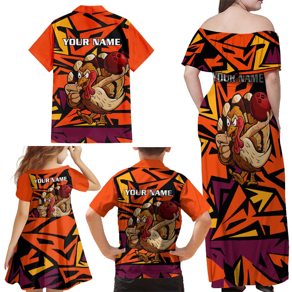 Custom Turkey Bowling Family Matching Off Shoulder Maxi Dress and Hawaiian Shirt with Cartoon Turkey Striker and Orange Geometric Pattern - Wonder Print Shop