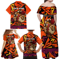 Custom Turkey Bowling Family Matching Off Shoulder Maxi Dress and Hawaiian Shirt with Cartoon Turkey Striker and Orange Geometric Pattern - Wonder Print Shop