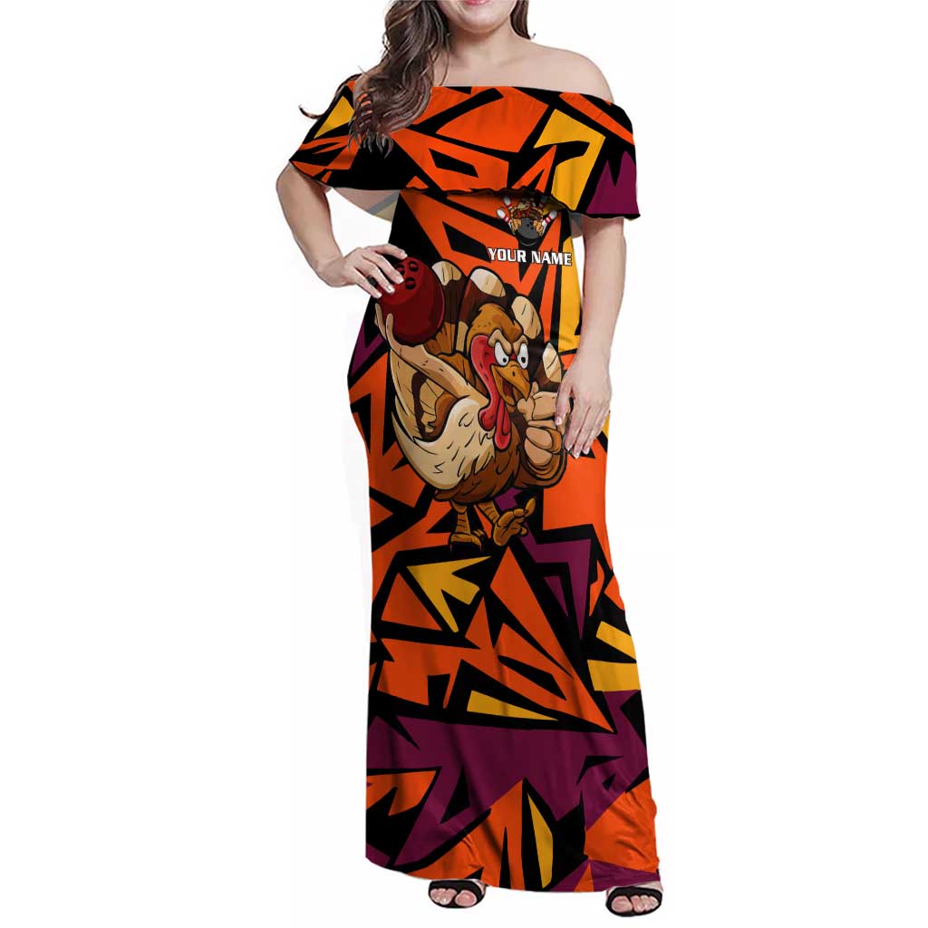 Custom Turkey Bowling Family Matching Off Shoulder Maxi Dress and Hawaiian Shirt with Cartoon Turkey Striker and Orange Geometric Pattern - Wonder Print Shop
