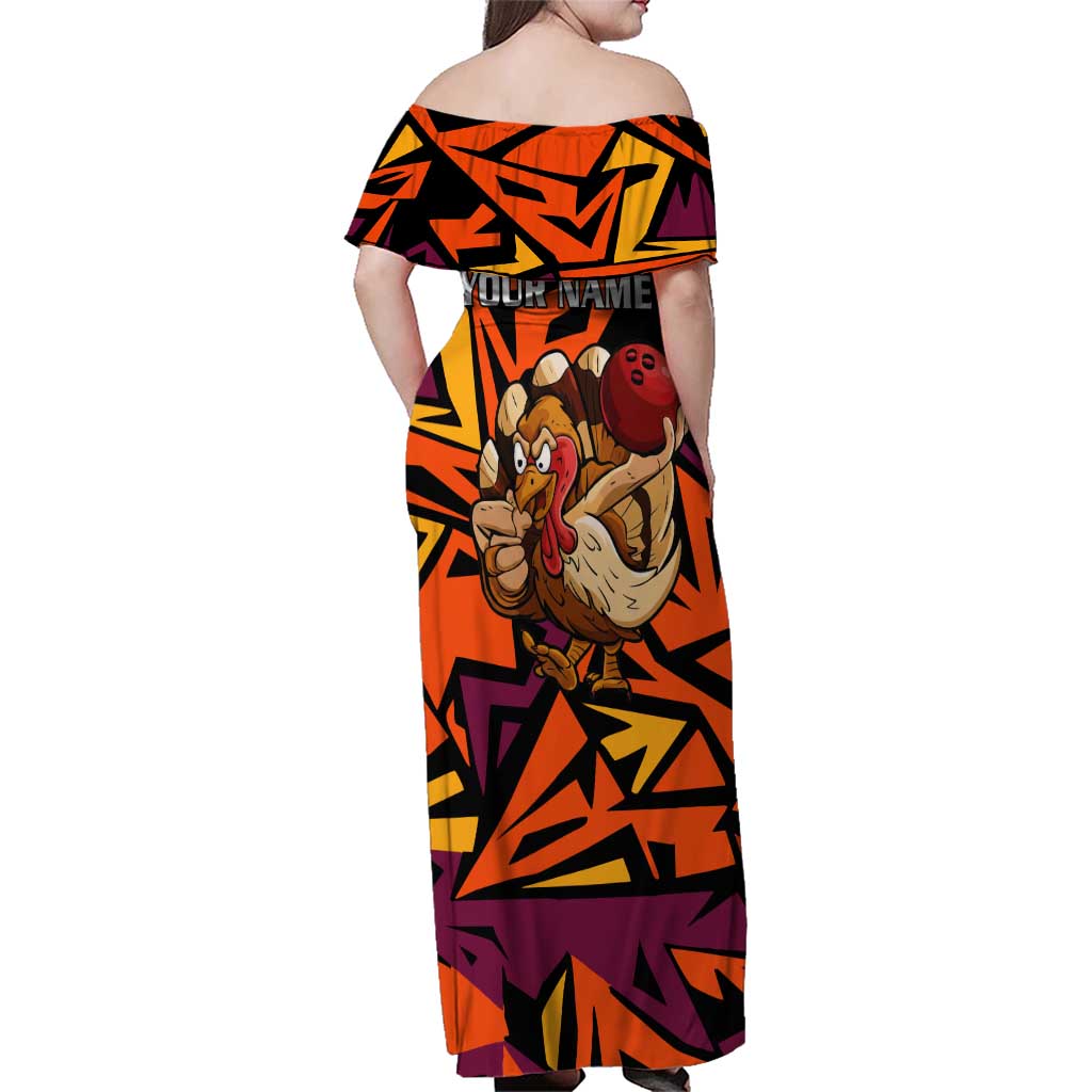 Custom Turkey Bowling Family Matching Off Shoulder Maxi Dress and Hawaiian Shirt with Cartoon Turkey Striker and Orange Geometric Pattern - Wonder Print Shop