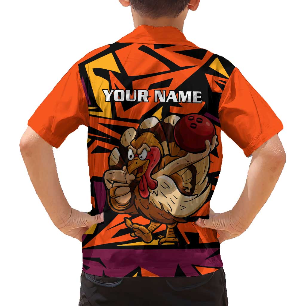 Custom Turkey Bowling Family Matching Off Shoulder Short Dress and Hawaiian Shirt with Cartoon Turkey Striker and Orange Geometric Pattern - Wonder Print Shop