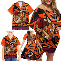 Custom Turkey Bowling Family Matching Off Shoulder Short Dress and Hawaiian Shirt with Cartoon Turkey Striker and Orange Geometric Pattern - Wonder Print Shop