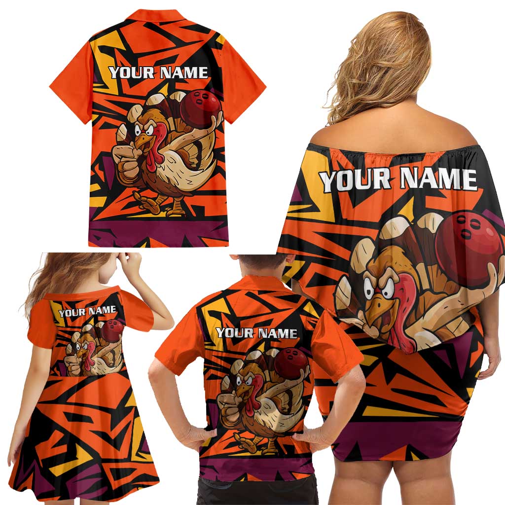 Custom Turkey Bowling Family Matching Off Shoulder Short Dress and Hawaiian Shirt with Cartoon Turkey Striker and Orange Geometric Pattern - Wonder Print Shop
