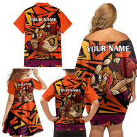 Custom Turkey Bowling Family Matching Off Shoulder Short Dress and Hawaiian Shirt with Cartoon Turkey Striker and Orange Geometric Pattern - Wonder Print Shop