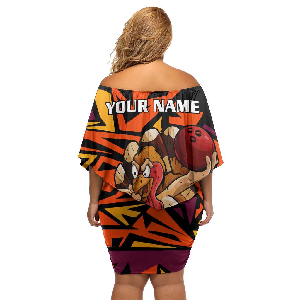 Custom Turkey Bowling Family Matching Off Shoulder Short Dress and Hawaiian Shirt with Cartoon Turkey Striker and Orange Geometric Pattern - Wonder Print Shop