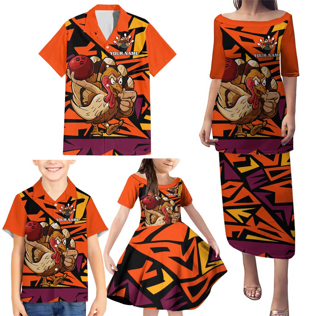 Custom Turkey Bowling Family Matching Puletasi and Hawaiian Shirt with Cartoon Turkey Striker and Orange Geometric Pattern - Wonder Print Shop