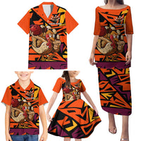 Custom Turkey Bowling Family Matching Puletasi and Hawaiian Shirt with Cartoon Turkey Striker and Orange Geometric Pattern - Wonder Print Shop