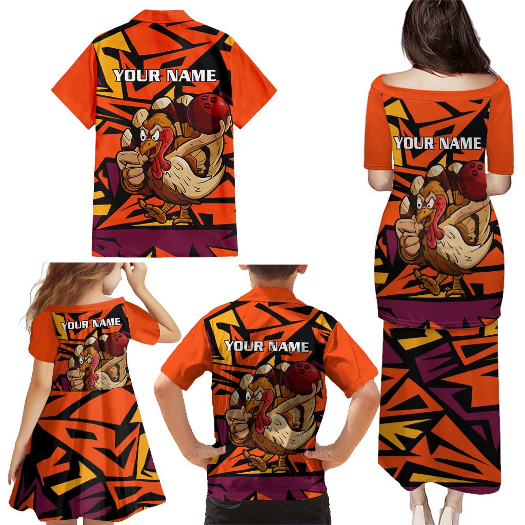 Custom Turkey Bowling Family Matching Puletasi and Hawaiian Shirt with Cartoon Turkey Striker and Orange Geometric Pattern - Wonder Print Shop