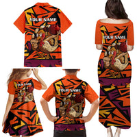 Custom Turkey Bowling Family Matching Puletasi and Hawaiian Shirt with Cartoon Turkey Striker and Orange Geometric Pattern - Wonder Print Shop