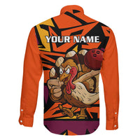 Custom Turkey Bowling Family Matching Puletasi and Hawaiian Shirt with Cartoon Turkey Striker and Orange Geometric Pattern - Wonder Print Shop