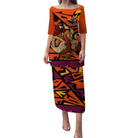 Custom Turkey Bowling Family Matching Puletasi and Hawaiian Shirt with Cartoon Turkey Striker and Orange Geometric Pattern - Wonder Print Shop