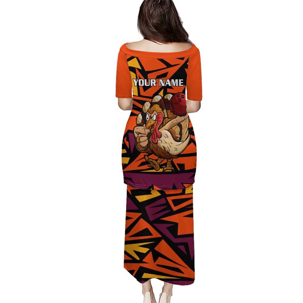 Custom Turkey Bowling Family Matching Puletasi and Hawaiian Shirt with Cartoon Turkey Striker and Orange Geometric Pattern - Wonder Print Shop
