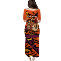 Custom Turkey Bowling Family Matching Puletasi and Hawaiian Shirt with Cartoon Turkey Striker and Orange Geometric Pattern - Wonder Print Shop