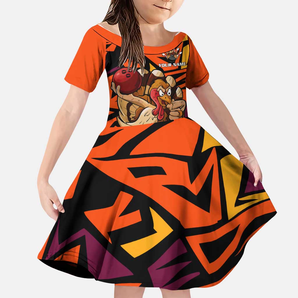 Custom Turkey Bowling Family Matching Short Sleeve Bodycon Dress and Hawaiian Shirt with Cartoon Turkey Striker and Orange Geometric Pattern - Wonder Print Shop
