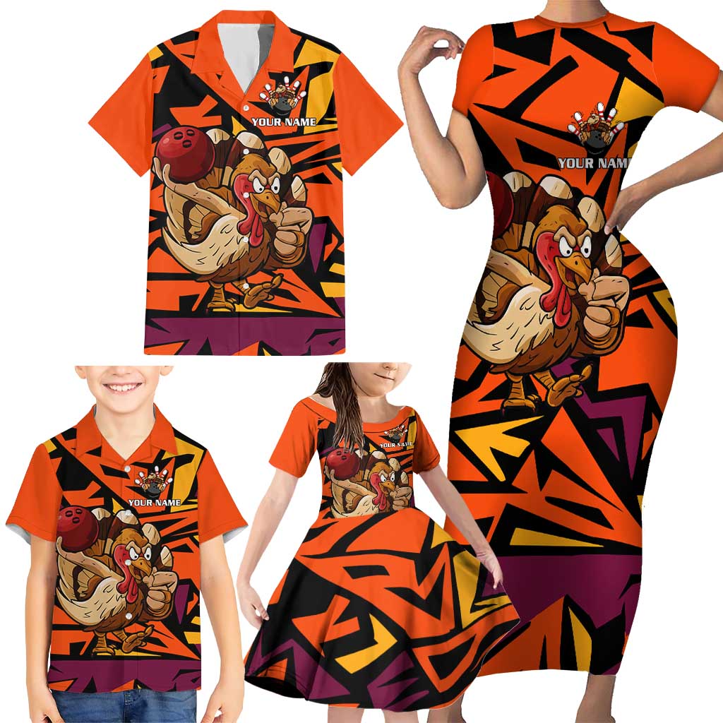Custom Turkey Bowling Family Matching Short Sleeve Bodycon Dress and Hawaiian Shirt with Cartoon Turkey Striker and Orange Geometric Pattern - Wonder Print Shop