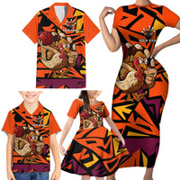 Custom Turkey Bowling Family Matching Short Sleeve Bodycon Dress and Hawaiian Shirt with Cartoon Turkey Striker and Orange Geometric Pattern - Wonder Print Shop
