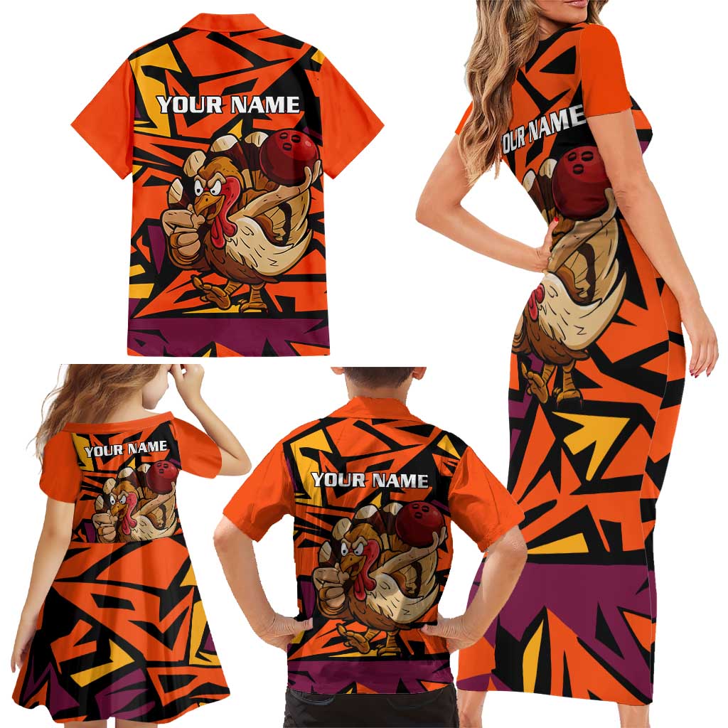 Custom Turkey Bowling Family Matching Short Sleeve Bodycon Dress and Hawaiian Shirt with Cartoon Turkey Striker and Orange Geometric Pattern - Wonder Print Shop