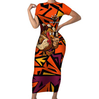 Custom Turkey Bowling Family Matching Short Sleeve Bodycon Dress and Hawaiian Shirt with Cartoon Turkey Striker and Orange Geometric Pattern - Wonder Print Shop
