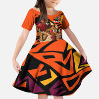 Custom Turkey Bowling Family Matching Summer Maxi Dress and Hawaiian Shirt with Cartoon Turkey Striker and Orange Geometric Pattern - Wonder Print Shop