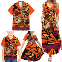 Custom Turkey Bowling Family Matching Summer Maxi Dress and Hawaiian Shirt with Cartoon Turkey Striker and Orange Geometric Pattern - Wonder Print Shop