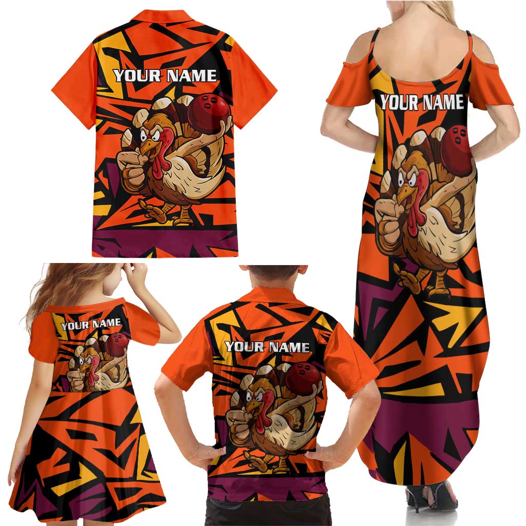 Custom Turkey Bowling Family Matching Summer Maxi Dress and Hawaiian Shirt with Cartoon Turkey Striker and Orange Geometric Pattern - Wonder Print Shop