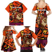 Custom Turkey Bowling Family Matching Summer Maxi Dress and Hawaiian Shirt with Cartoon Turkey Striker and Orange Geometric Pattern - Wonder Print Shop