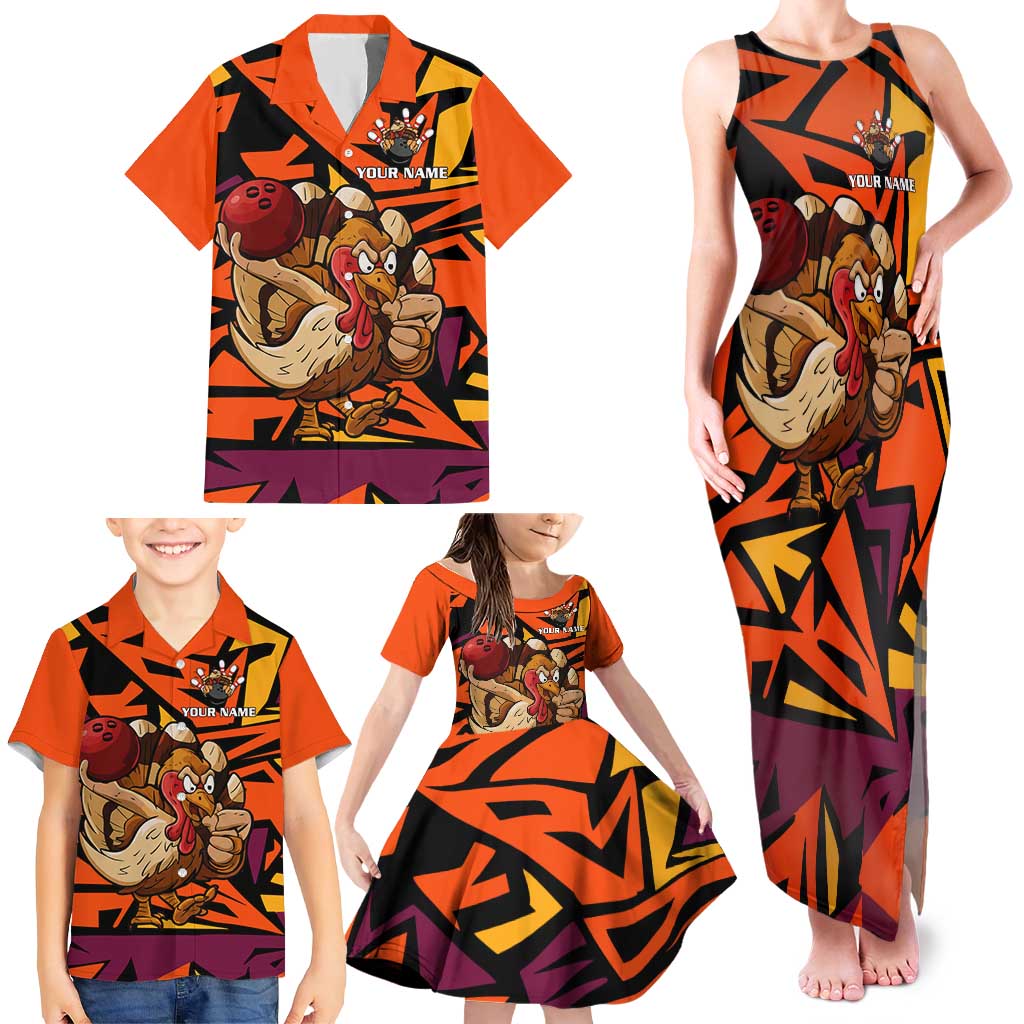 Custom Turkey Bowling Family Matching Tank Maxi Dress and Hawaiian Shirt with Cartoon Turkey Striker and Orange Geometric Pattern - Wonder Print Shop