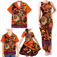 Custom Turkey Bowling Family Matching Tank Maxi Dress and Hawaiian Shirt with Cartoon Turkey Striker and Orange Geometric Pattern - Wonder Print Shop