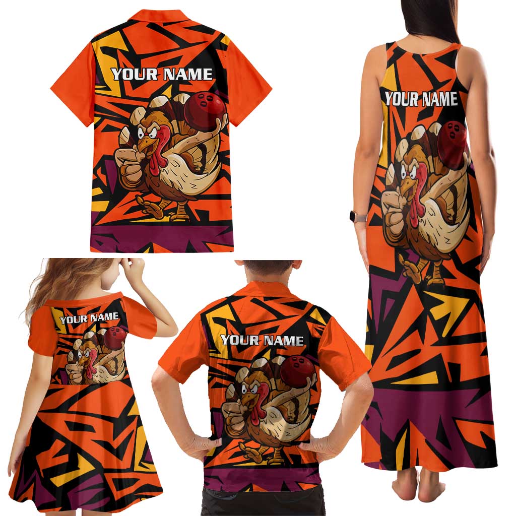 Custom Turkey Bowling Family Matching Tank Maxi Dress and Hawaiian Shirt with Cartoon Turkey Striker and Orange Geometric Pattern - Wonder Print Shop