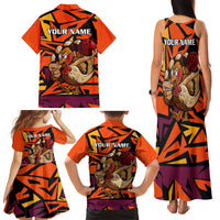 Custom Turkey Bowling Family Matching Tank Maxi Dress and Hawaiian Shirt with Cartoon Turkey Striker and Orange Geometric Pattern - Wonder Print Shop