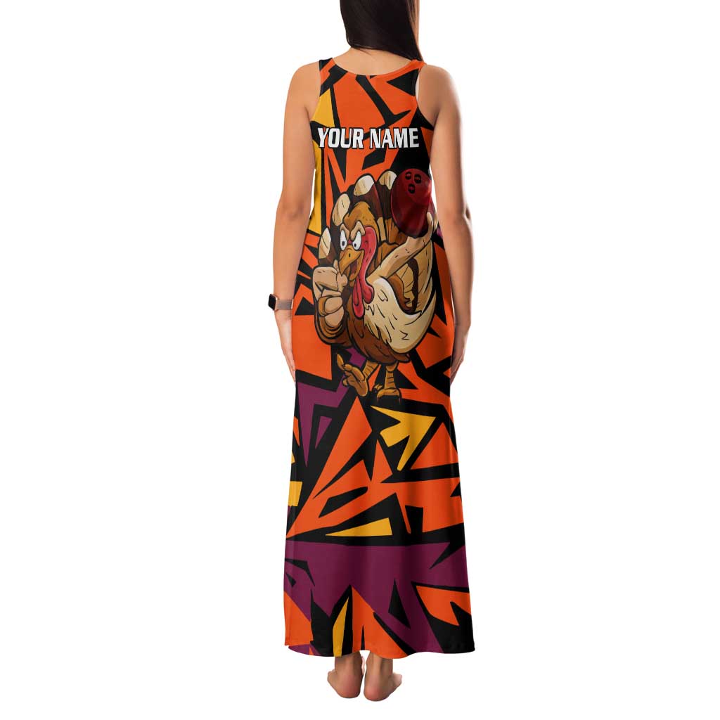 Custom Turkey Bowling Family Matching Tank Maxi Dress and Hawaiian Shirt with Cartoon Turkey Striker and Orange Geometric Pattern - Wonder Print Shop