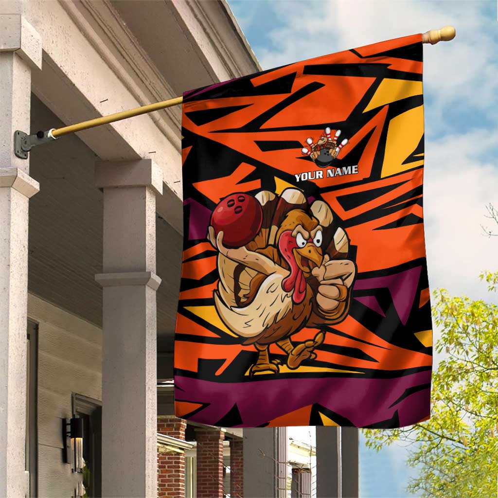 Custom Turkey Bowling Garden Flag with Cartoon Turkey Striker and Orange Geometric Pattern - Wonder Print Shop