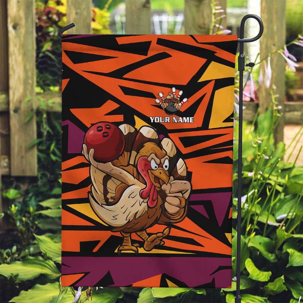 Custom Turkey Bowling Garden Flag with Cartoon Turkey Striker and Orange Geometric Pattern - Wonder Print Shop