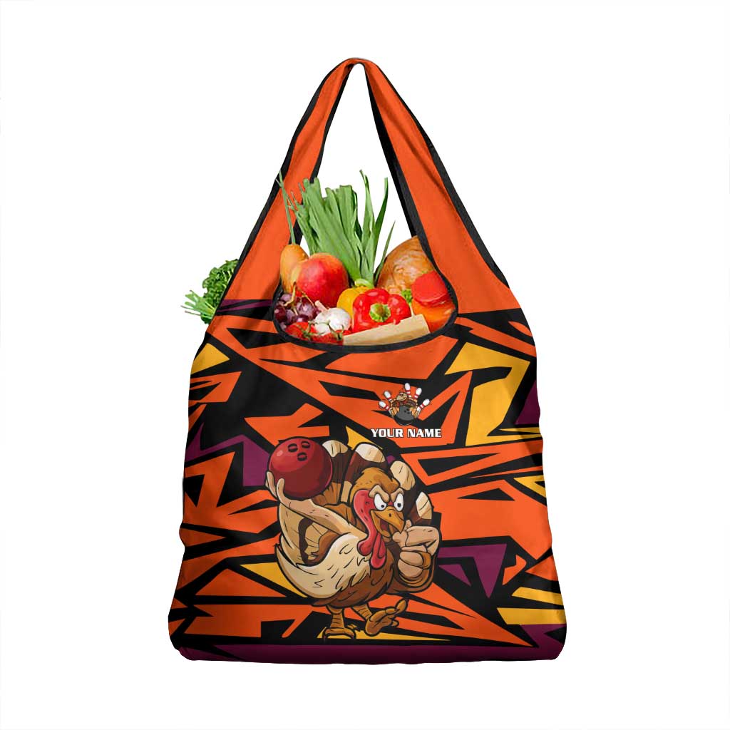 Custom Turkey Bowling Grocery Bag with Cartoon Turkey Striker and Orange Geometric Pattern - Wonder Print Shop