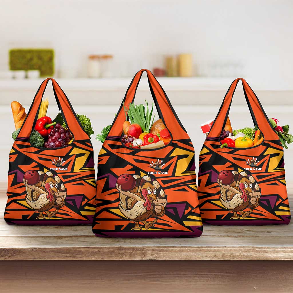 Custom Turkey Bowling Grocery Bag with Cartoon Turkey Striker and Orange Geometric Pattern - Wonder Print Shop