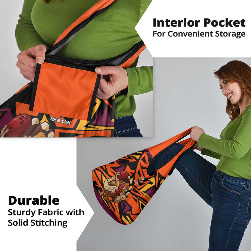 Custom Turkey Bowling Grocery Bag with Cartoon Turkey Striker and Orange Geometric Pattern - Wonder Print Shop
