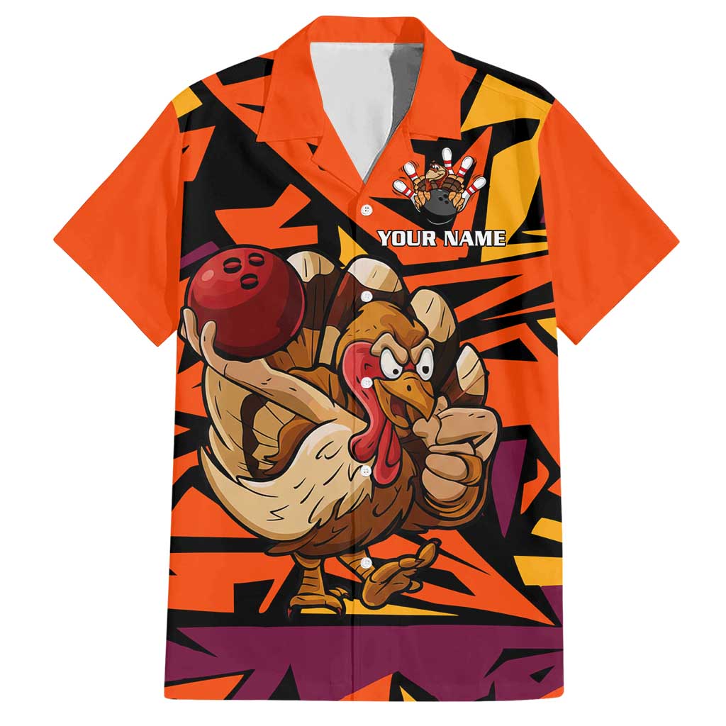 Custom Turkey Bowling Hawaiian Shirt with Cartoon Turkey Striker and Orange Geometric Pattern - Wonder Print Shop