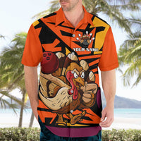 Custom Turkey Bowling Hawaiian Shirt with Cartoon Turkey Striker and Orange Geometric Pattern - Wonder Print Shop