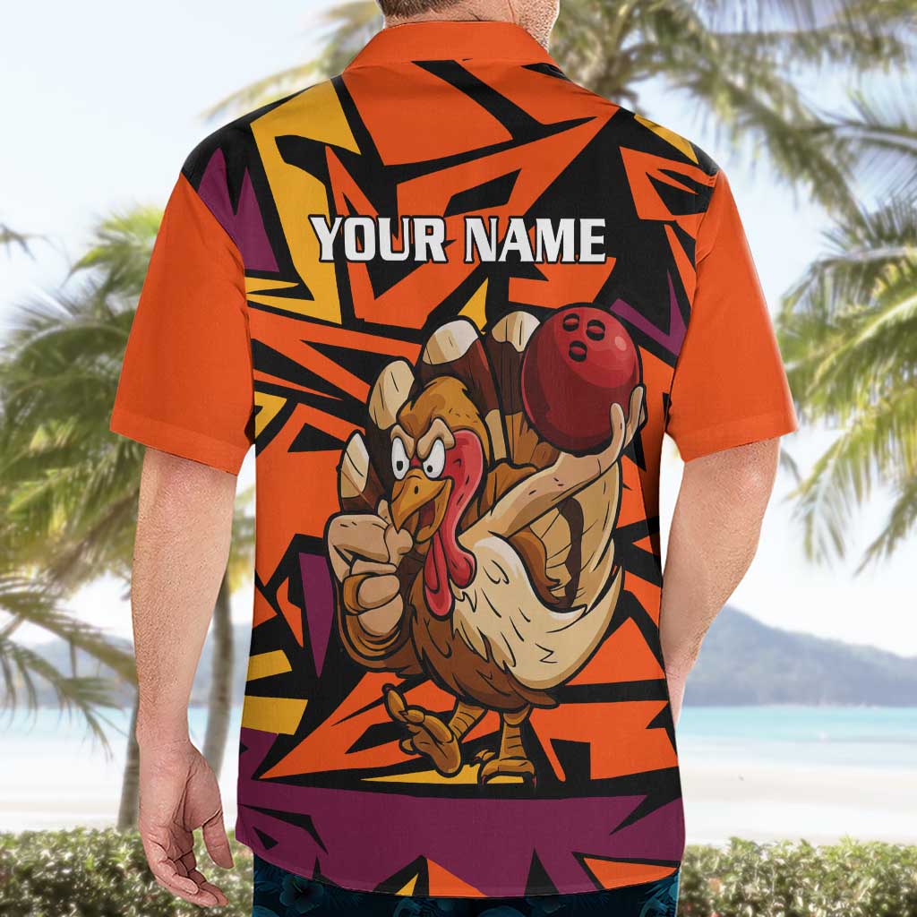 Custom Turkey Bowling Hawaiian Shirt with Cartoon Turkey Striker and Orange Geometric Pattern - Wonder Print Shop
