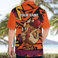 Custom Turkey Bowling Hawaiian Shirt with Cartoon Turkey Striker and Orange Geometric Pattern - Wonder Print Shop